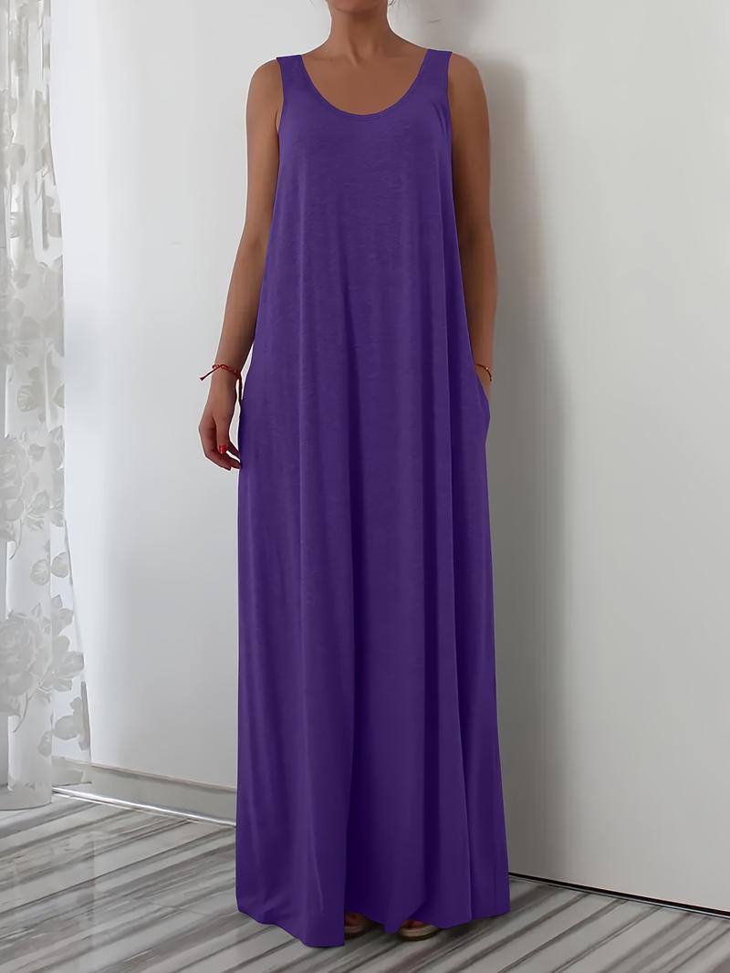 Elegant Plus Size Women's Sleeveless Round Neck Plain Vest Dress, Casual Home Wear, Comfortable Fit, Multiple Colors Available