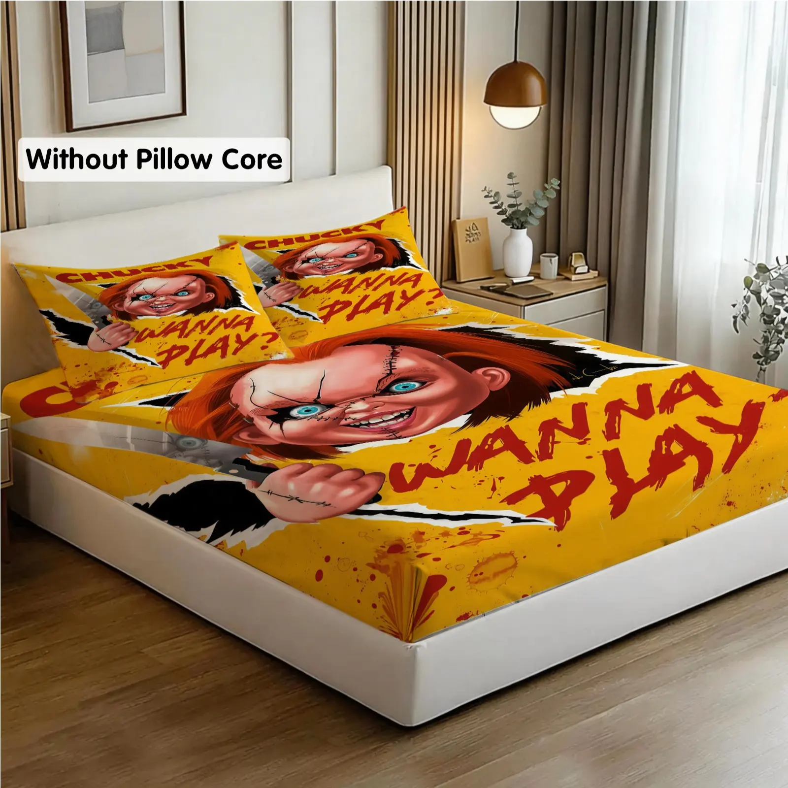 Chucky Horror Cartoon Print 3-Piece Fitted Sheet Set, 1 Fitted Sheet + 2 Pillowcases (No Pillow Core), Movie Character Themed Bedding, Soft Durable Breathable Bedding, Bedroom & Dorm Decor, for Teens & Adults, Holiday & Housewarming Gift