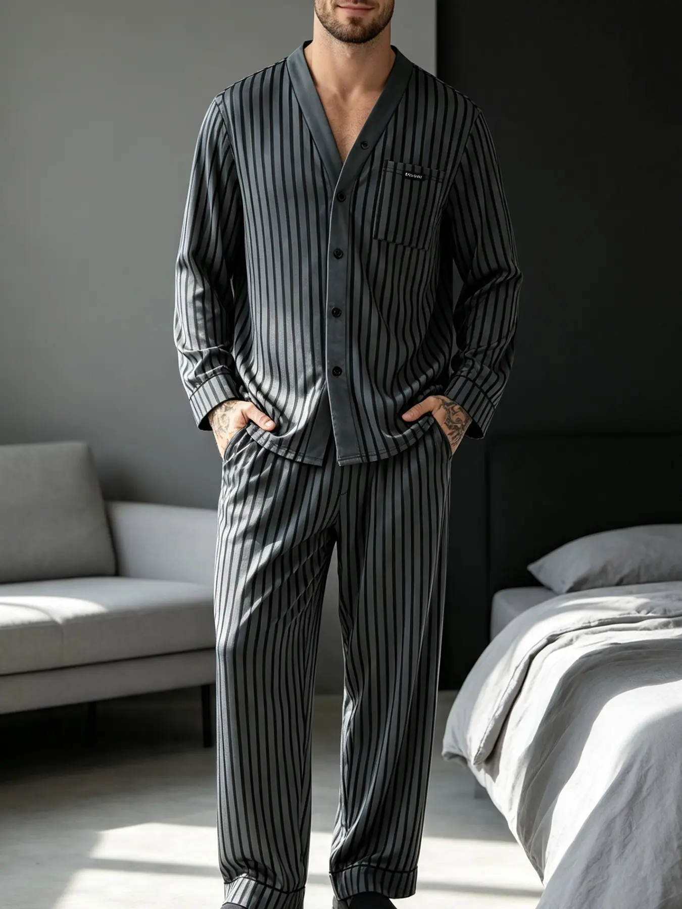 Men's 2-Piece Striped Loungewear Pajama Set, Grey Black Vertical Stripe V-Neck Button Down Long Sleeve Top & Elastic Cuff Jogger Pants, Minimalist Casual Style, Soft Skin-Friendly Fabric For Men Home Sleep Wear