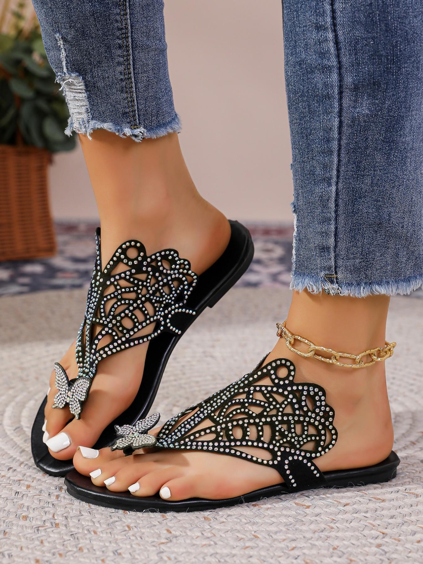 Elegant Rhinestone Butterfly Sandals, French Style Open Toe Flat Slippers, Versatile Outdoor Wear, Comfortable Summer Footwear