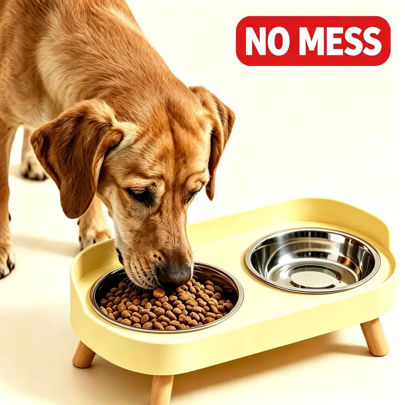 Double Bowl Pet Feeding Bowl, Stainless Steel Dog Bowl, Water and Food Combo, Anti-Tip Design, Neck Protection for Cats and Dogs