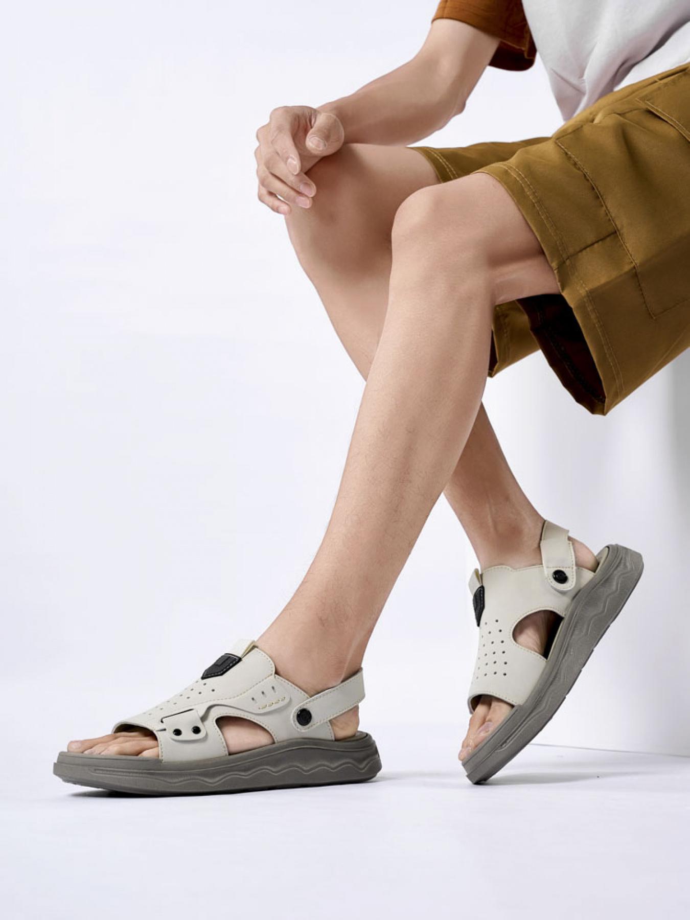 Men's Solid Color Dual-Wear Velcro Closed-Toe Sandals Thick-Soled Breathable Beach Shoes Non-Slip Wear-Resistant Outdoor Water-Resistant Sandals