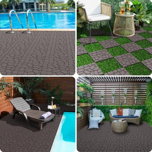 Stone texture Plastic Interlocking Deck Tiles,44PCS,12"x12"Square Waterproof Outdoor All Weather Use, Outdoor and Indoor Patio Decking Tiles