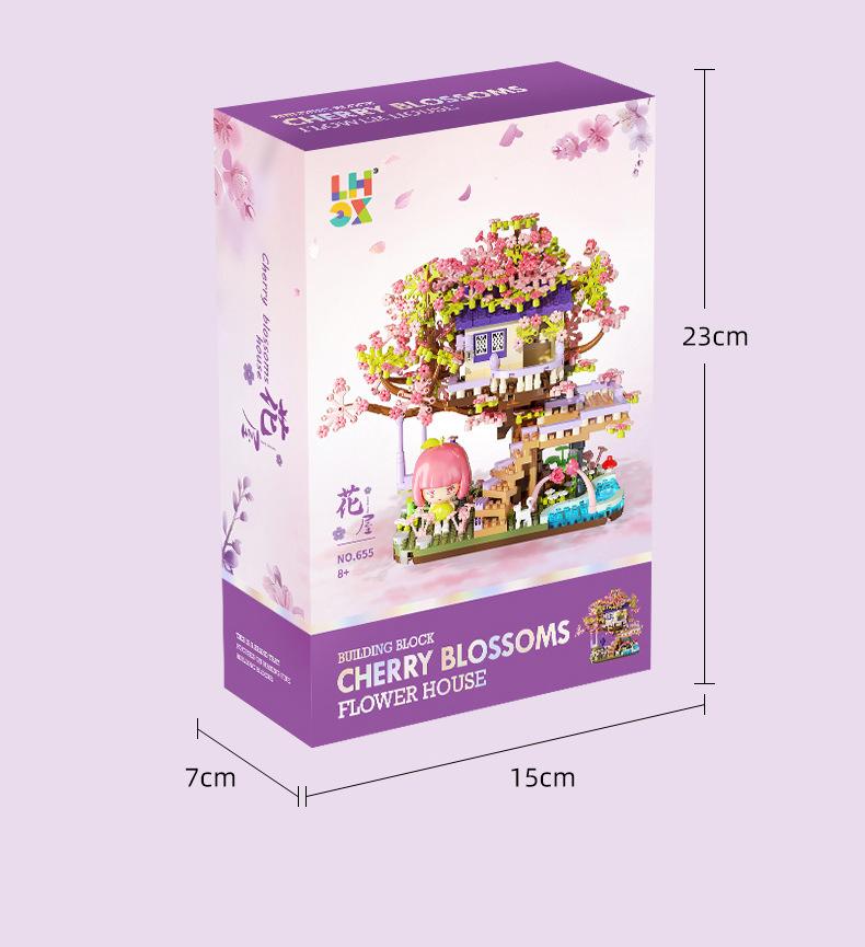 Cherry Blossom Tree House Building Block Villa Wooden Assembly Educational Toy with Detailed Floral Decor for Kids and Adults