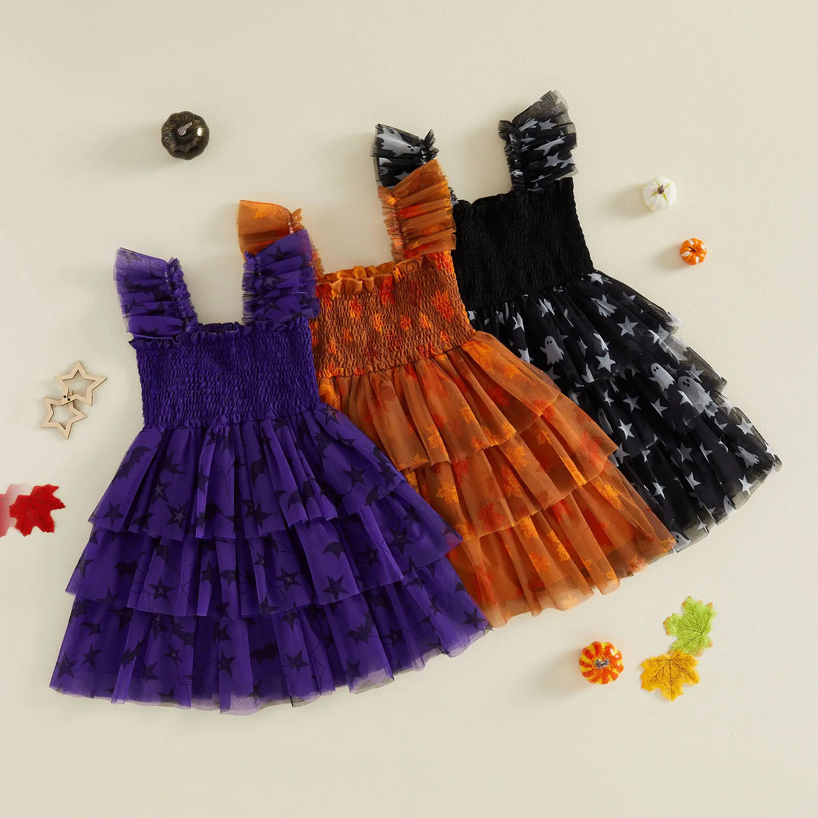 REDWOON Toddler Baby Girl Halloween Ghost Dress Ruffle Sleeveless Smocked Bust A-Line Dress Tulle Tiered Dresses