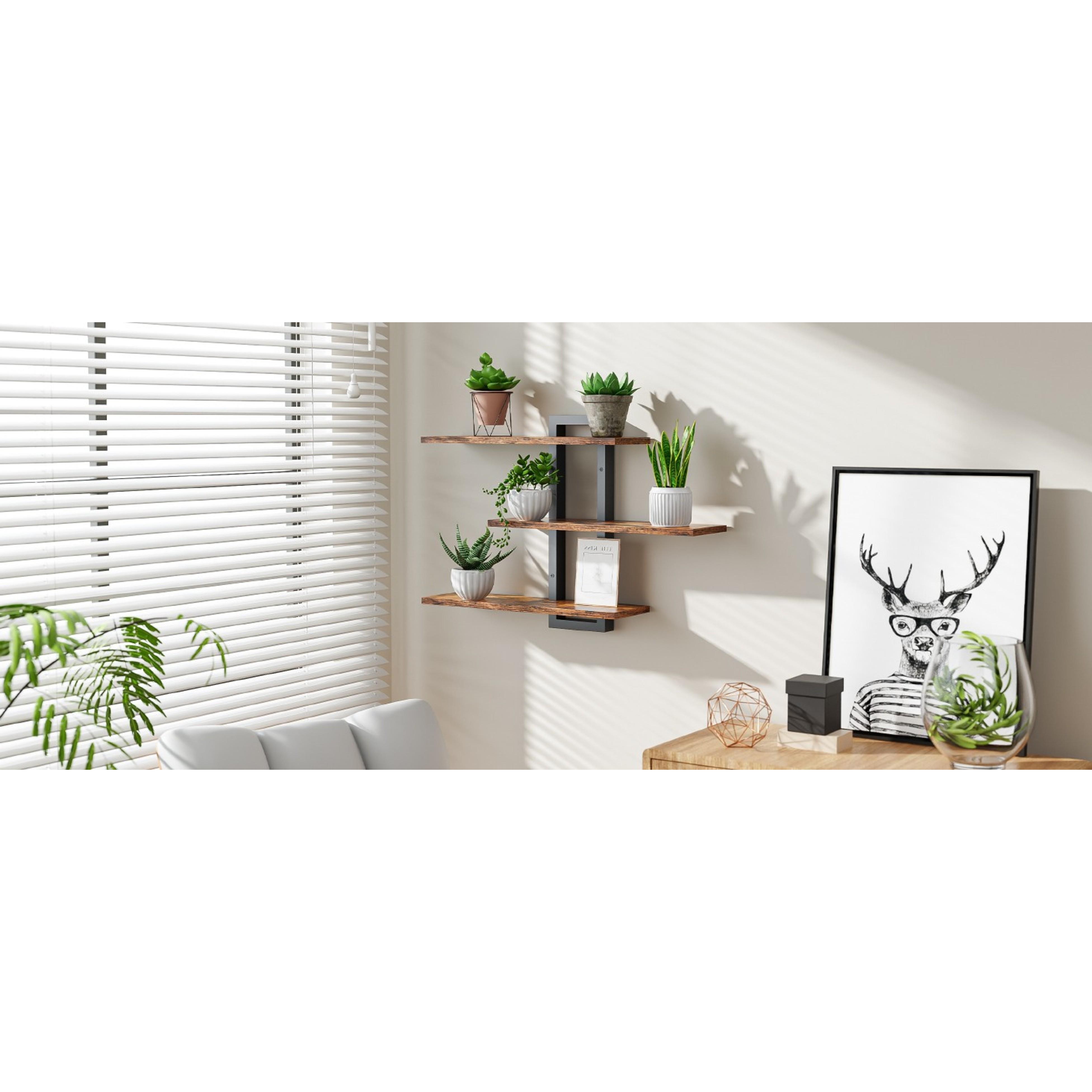 Rustic Brown and Black Wooden Floating Wall Shelves Set - 3-Tier Hanging Storage Racks for Bathroom, Bedroom, Easy Installation, Home Organizer Decor, Rustic Look