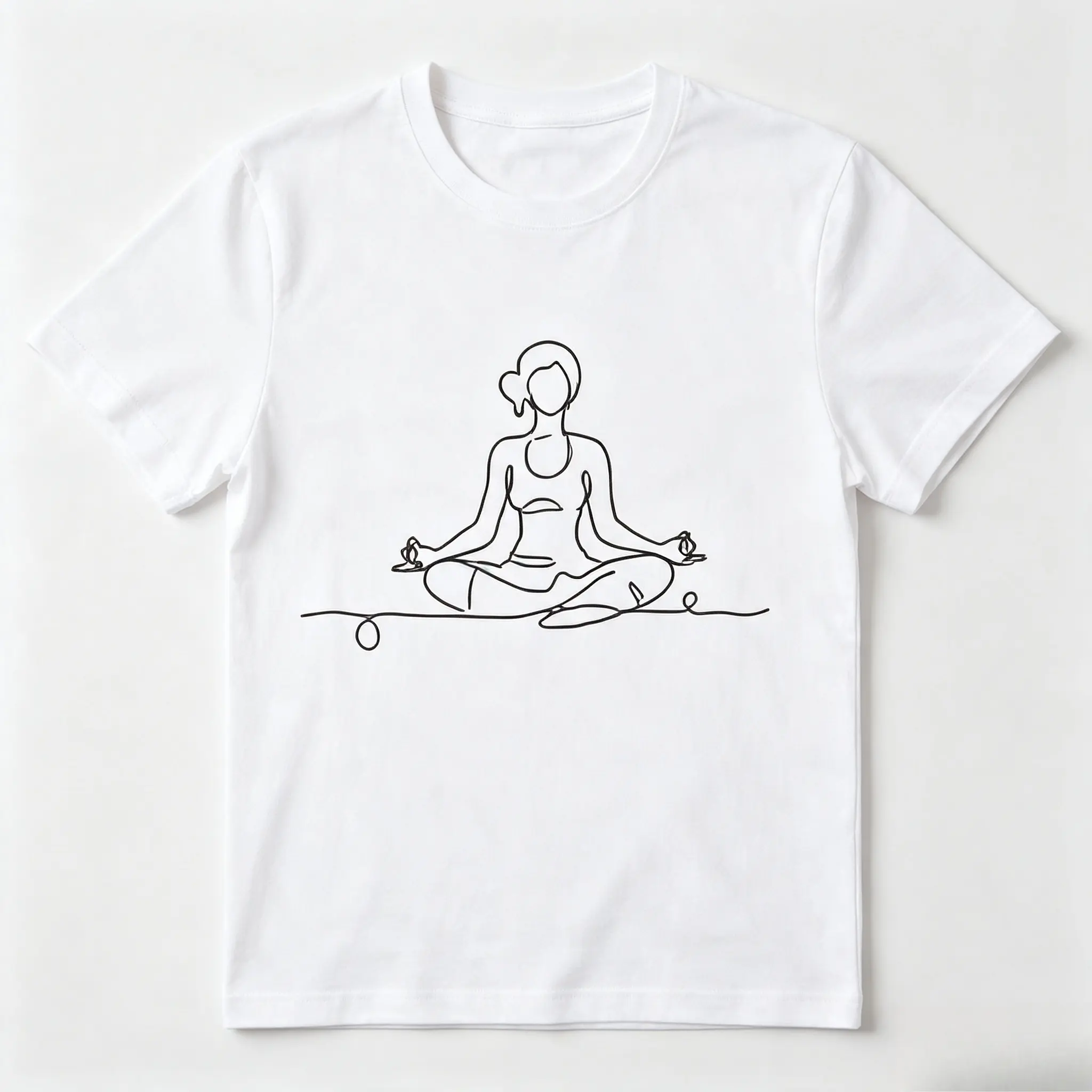 Women's Crewneck Graphic Print Cotton T-Shirt - 1-Line Art Meditation Yoga Woman Design, Loose-Fit Oversized Sportswear, Spiritual Casual Top, Machine Wash, Ideal Valentine's Day Gift for Lovers