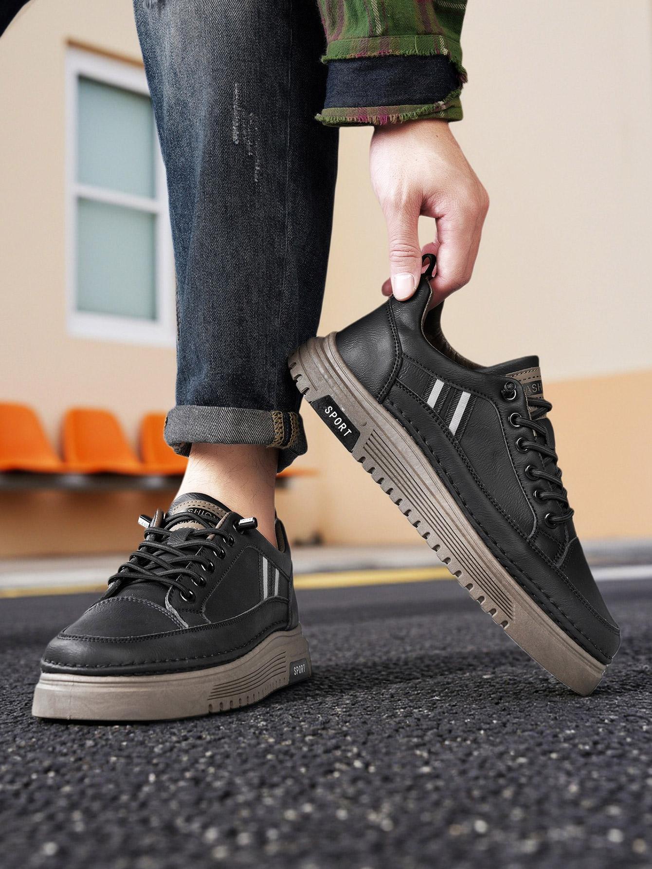 Men's Summer Thick Sole Sneakers, Simple Striped Casual Board Shoes, Soft Leather Breathable Lightweight, Height Boosting Slim Fit, Versatile Daily Wear