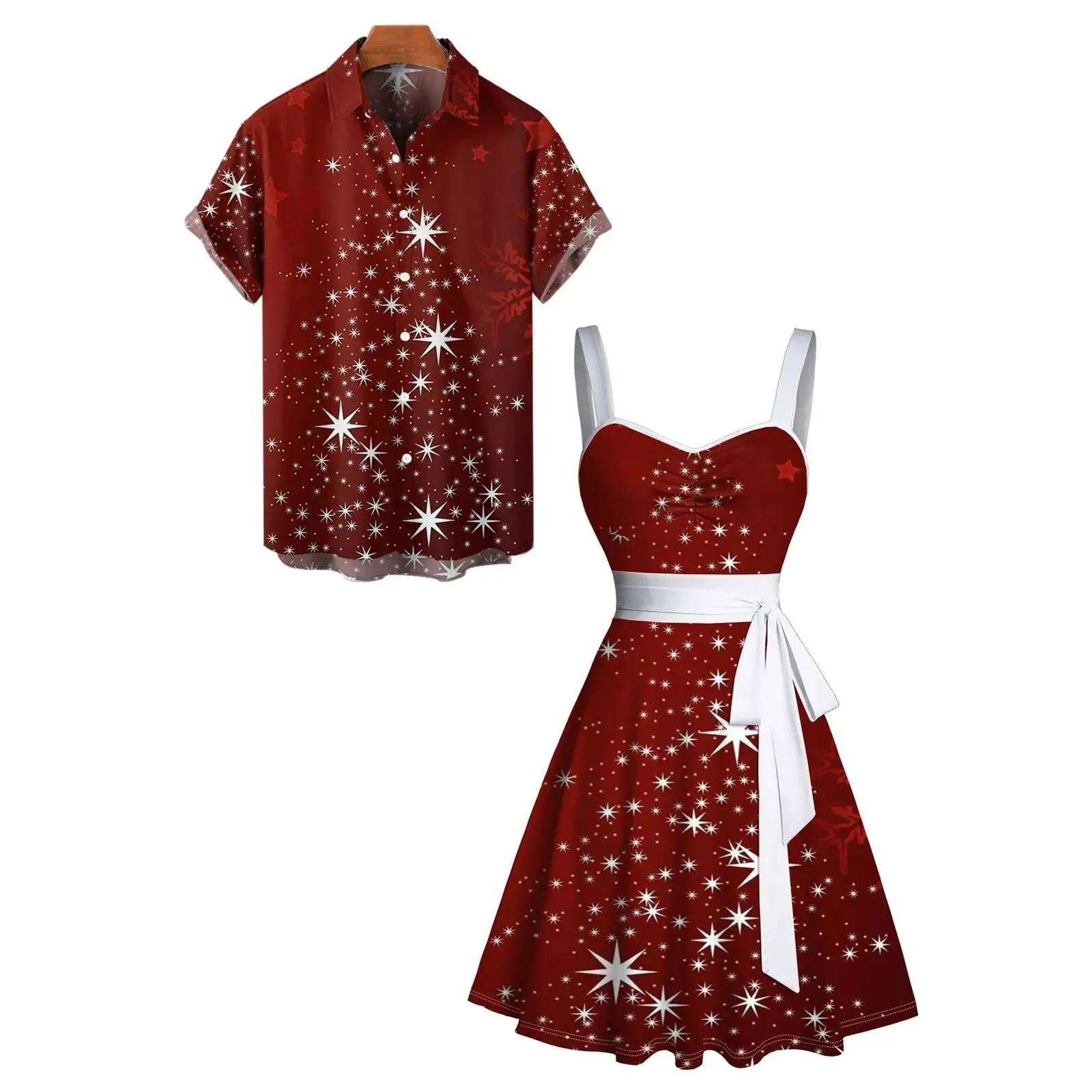 Women's Christmas Snowflake Print Belted Mini Dress Short Sleeve Button Up Matching Outfit