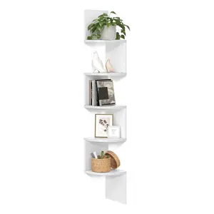 Corner Shelf Wall Mount, 5-Tier Floating Corner Bookshelf, Plant Shelf for Bedroom, Living Room, Bathroom, Home Office, Simply White Decor Shelves