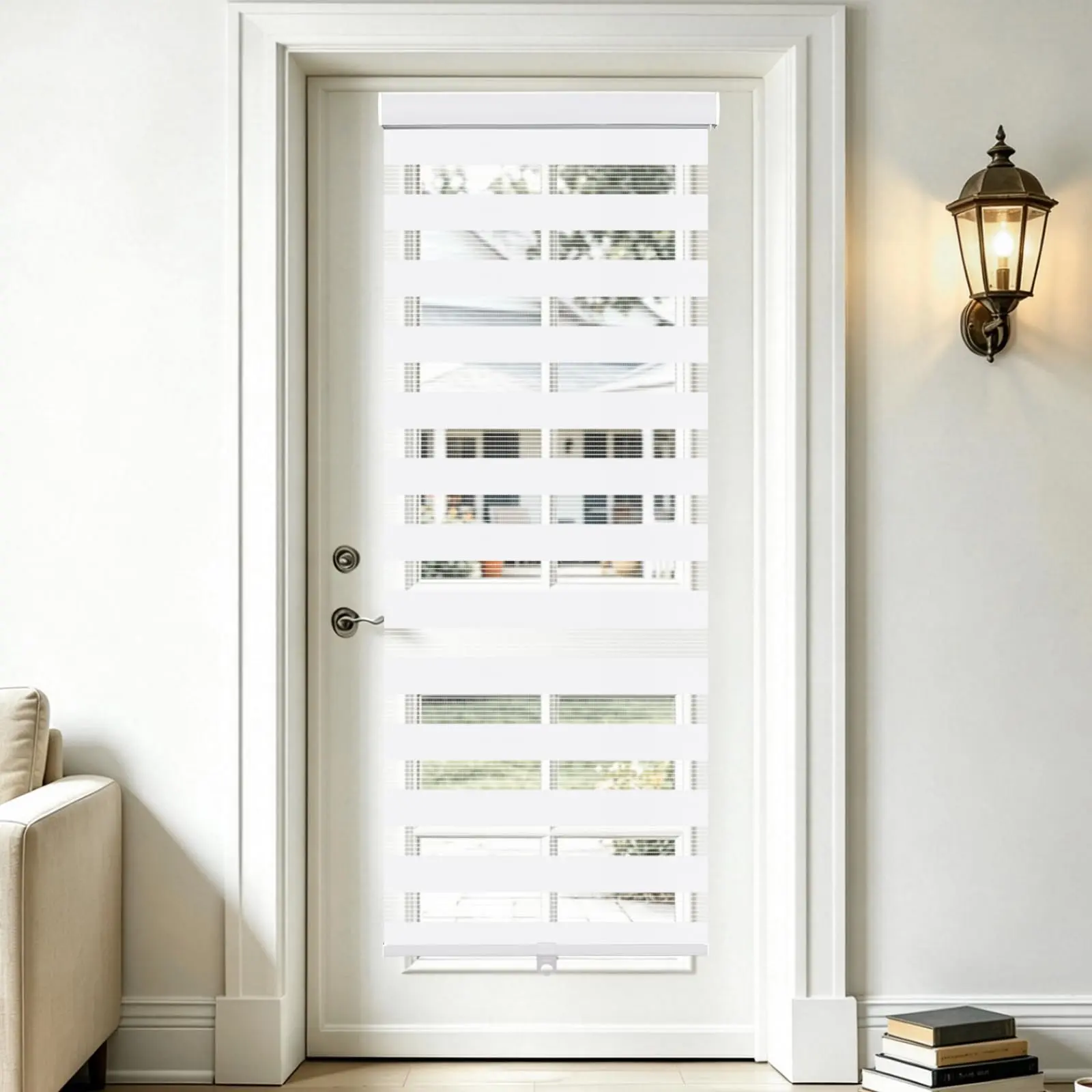 Cordless Zebra Blinds for Window & French Door, Free-Stop Roller Window Shades with Valance, Light Filtering Sheer Blinds & Shades, Easy to Install, White
