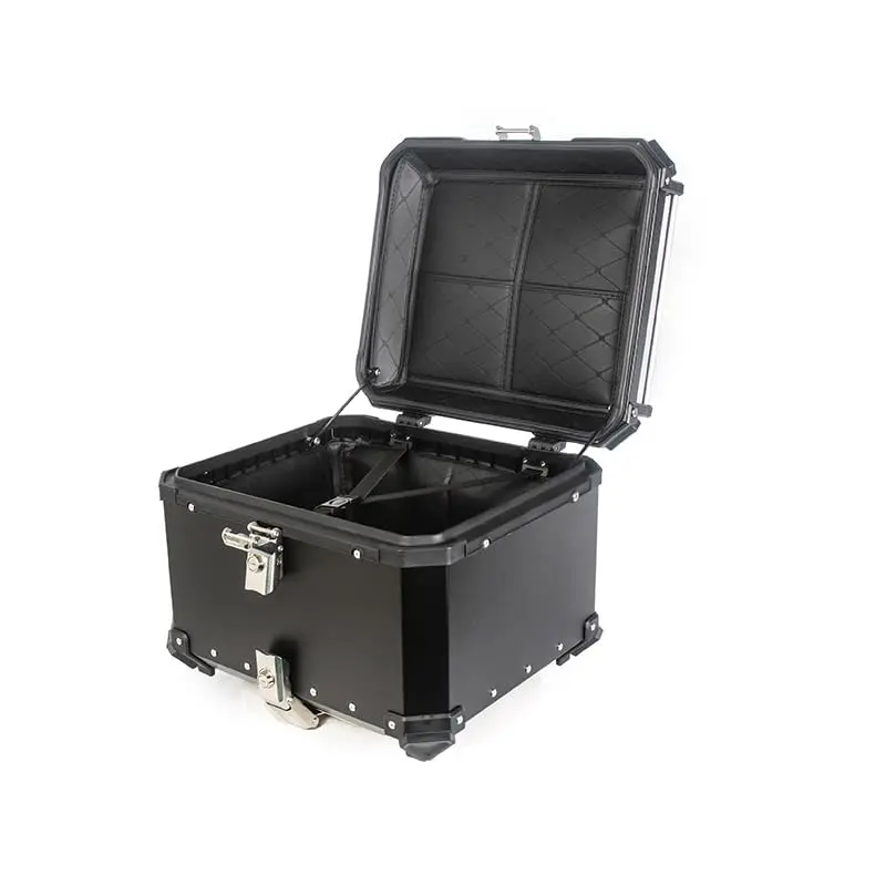 55L Aluminum Alloy Motorcycle Tail Box – Flat Top Black, Waterproof Sealed Trunk with Lockable Lid, Universal Fit