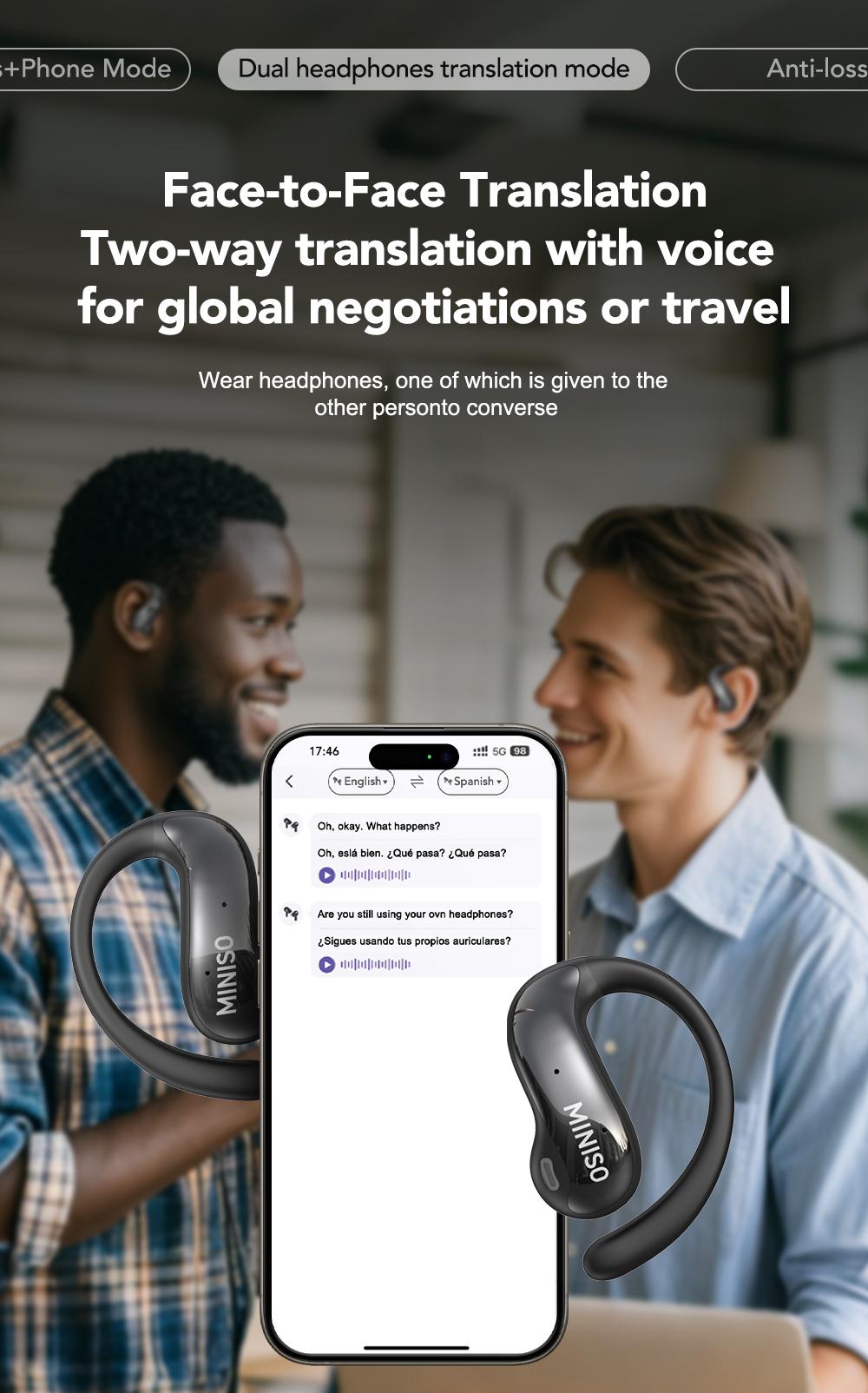 MINISO MS188 Translatable Smart Headphones, LCD Wireless Bluetooth Earphones With 134 Languages,OWS Open Ear Headsets with Mic Charging Box Earbuds Christmas gifts