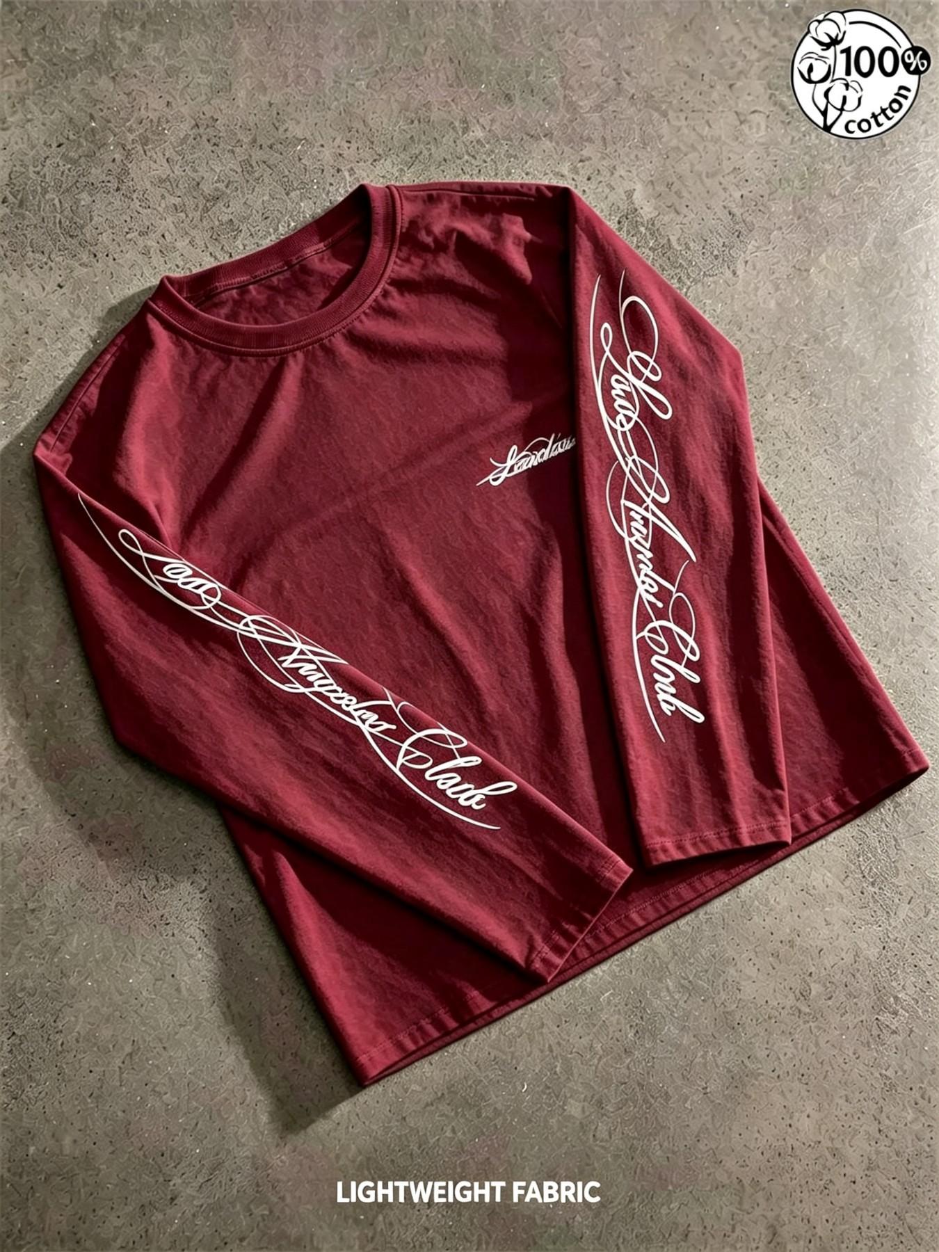 Unisex 100% Cotton Multi-Color Vertical Sleeve Script Lettering Long Sleeve Tee Mini Chest Logo Chicano American Streetwear Oversized Casual Top