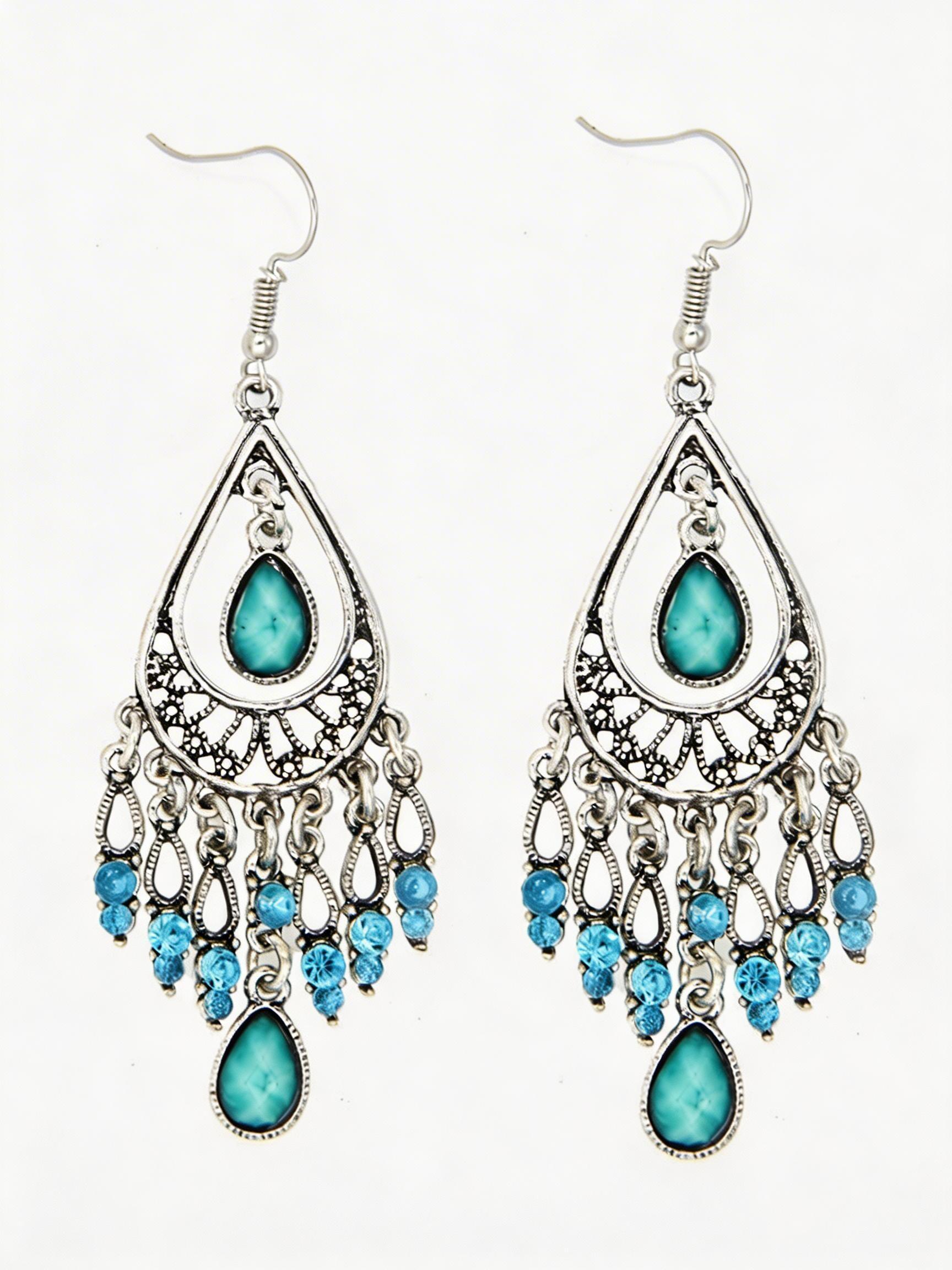 Luxurious Turquoise Textured Drop Earrings, Hook Style, Vintage Floral Design, Perfect for Weddings, Parties, Festivals, Women