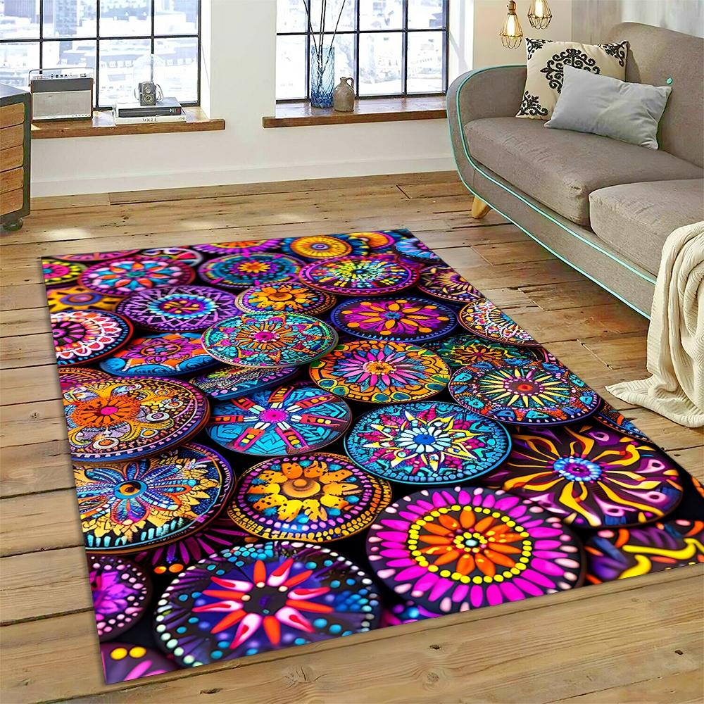 Colorful Crochet Mandala Flannel Area Rug - Boho Ethnic Woven Pattern Print Soft Mat for Living Room, Non-Slip Bohemian Home Decor #BohoMandalaRug #ColorfulCrochetMat #EthnicHomeDecor #2DWovenCarpet #NonSlipFlannelRug