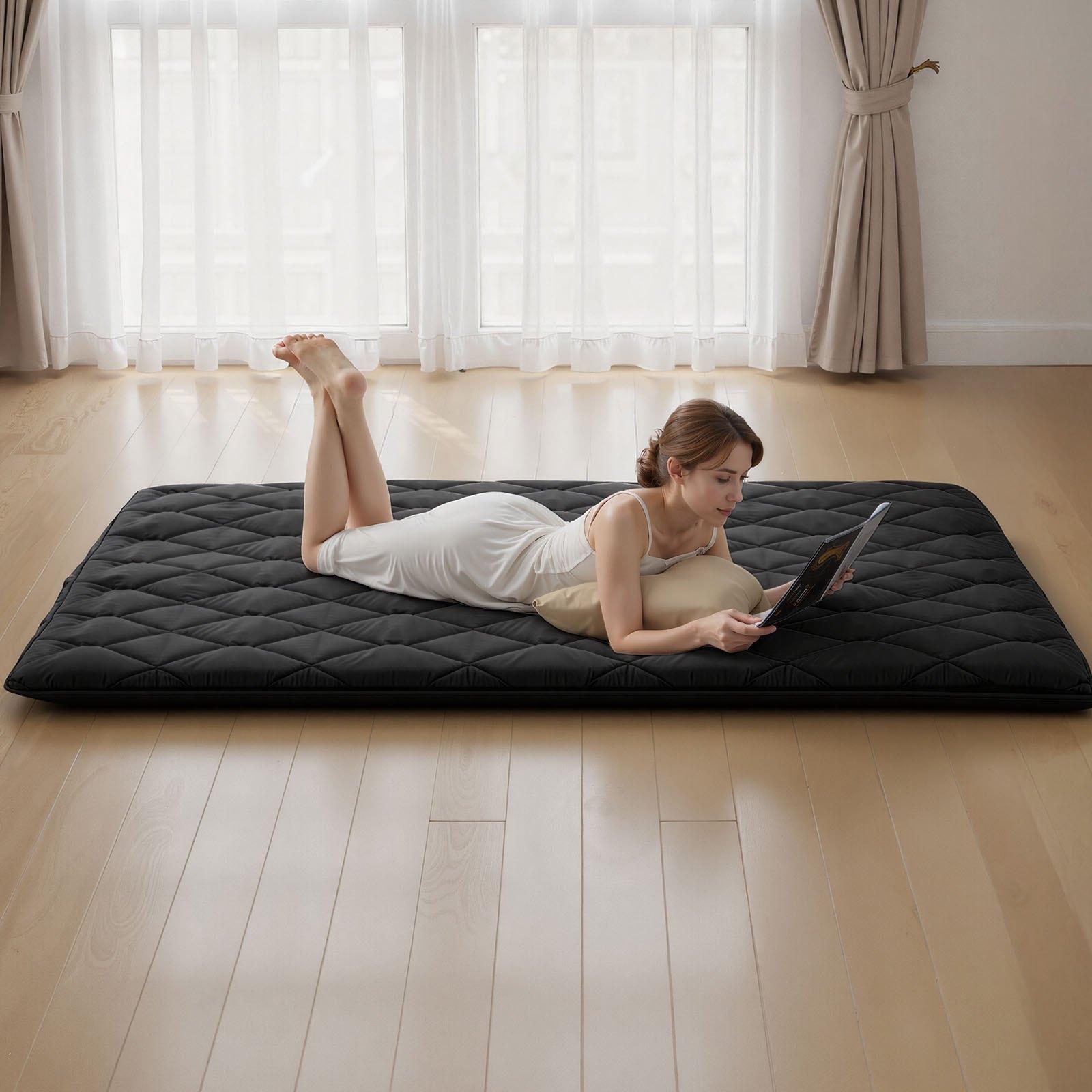 【Summerfinds】VEVOR Brushed Fabric Japanese Tatami Mattress, Queen Size 80x60x3.5in 14.1 lbs Foldable 60 Inch Single Sleeping Yoga Floor Mat, 9-Layer Dorm Mat with Storage Bag Fastener, Black