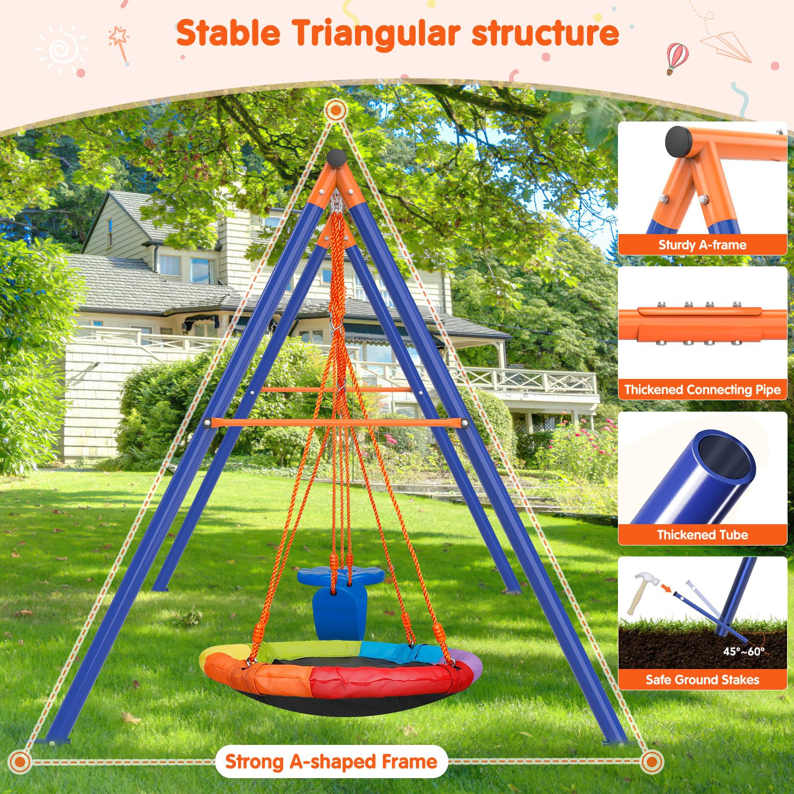 Aowos Swing Set for Kids, Saucer Swing with Heavy-Duty Metal Frame and Adjustable Ropes for Kids Outdoor, Safe Waterproof Round Swing for Backyard Playground Park, Playground for Kids, Rainbow Color, Birthday Gift, Columpio para niños, Christmas Gift