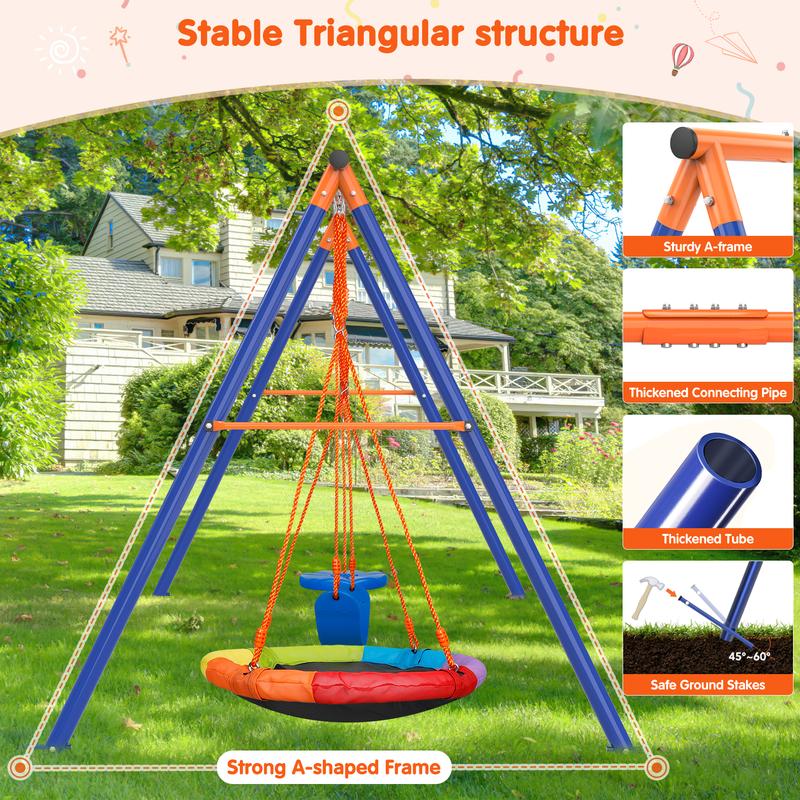 Aowos Swing Set for Kids, Saucer Swing with Heavy-Duty Metal Frame and Adjustable Ropes for Kids Outdoor, Safe Waterproof Round Swing for Backyard Playground Park, Playground for Kids, Rainbow Color, Birthday Gift, Columpio para niños, Christmas Gift