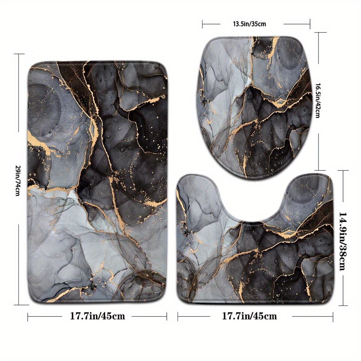 3-Piece Modern Art Black Gray Gold Marble Bath Mat Set, Flannel Non-Slip Absorbent Rug, Toilet Lid Cover & U-Shape Pad