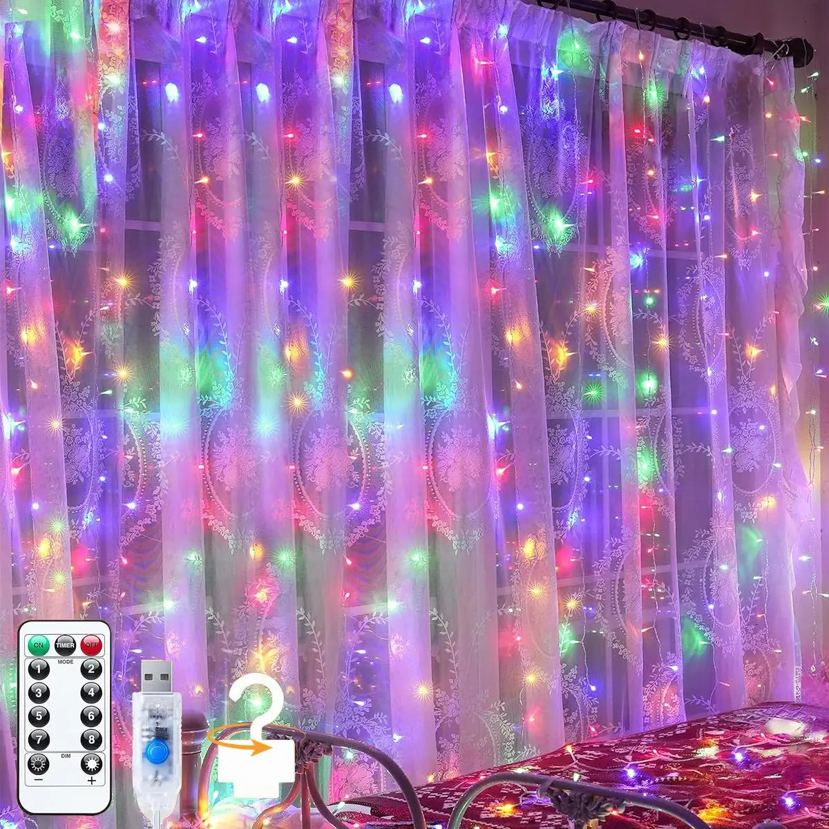 300 LED Curtain Lights - 3x3m USB-Powered Hanging Fairy String Lights with Remote Control, Built-in Hooks, 8 Modes, Dimmable, IP44 Splash Proof for Bedroom, Wedding Decor (Personal Care & Event Accessory)
