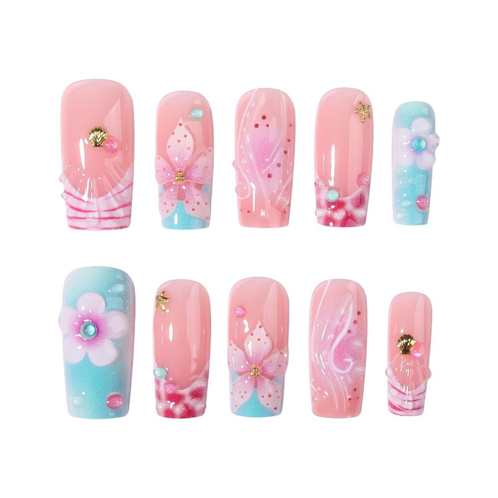 24pcs 3D Gel Nail Art Set, Ocean & Hibiscus Design, Square French Tips, Acrylic False Nails, Includes Adhesive & File, Perfect for Daily Use & Parties