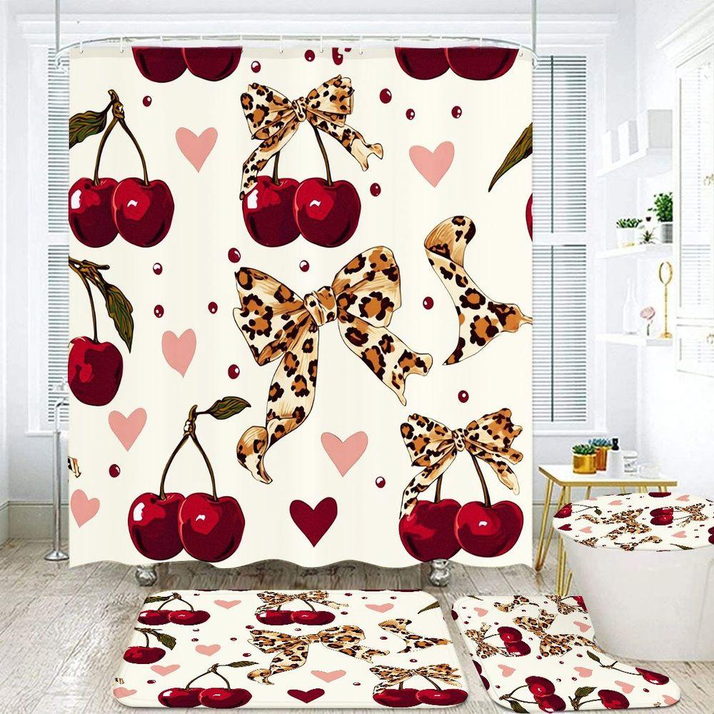 1/4pcs Cherry & Leopard Print Bathroom Set, Shower Curtain with Cream Background, Red Cherries, Pink Hearts, Leopard Bows, Toilet Cover, Bath Mat, Perfect for Valentine's Day Mother's Day Bedroom Decor - Stylish Home Bathroom Accessories Set