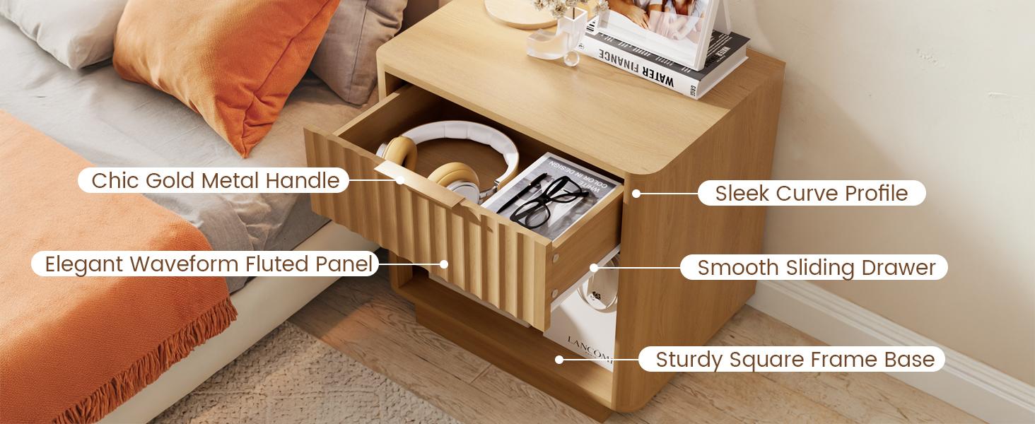 Mid Century Modern Nightstand 22‘’ Oak End Table with Drawer Side Tables for Bedroom White Design Functional Storage Space-Saving Design