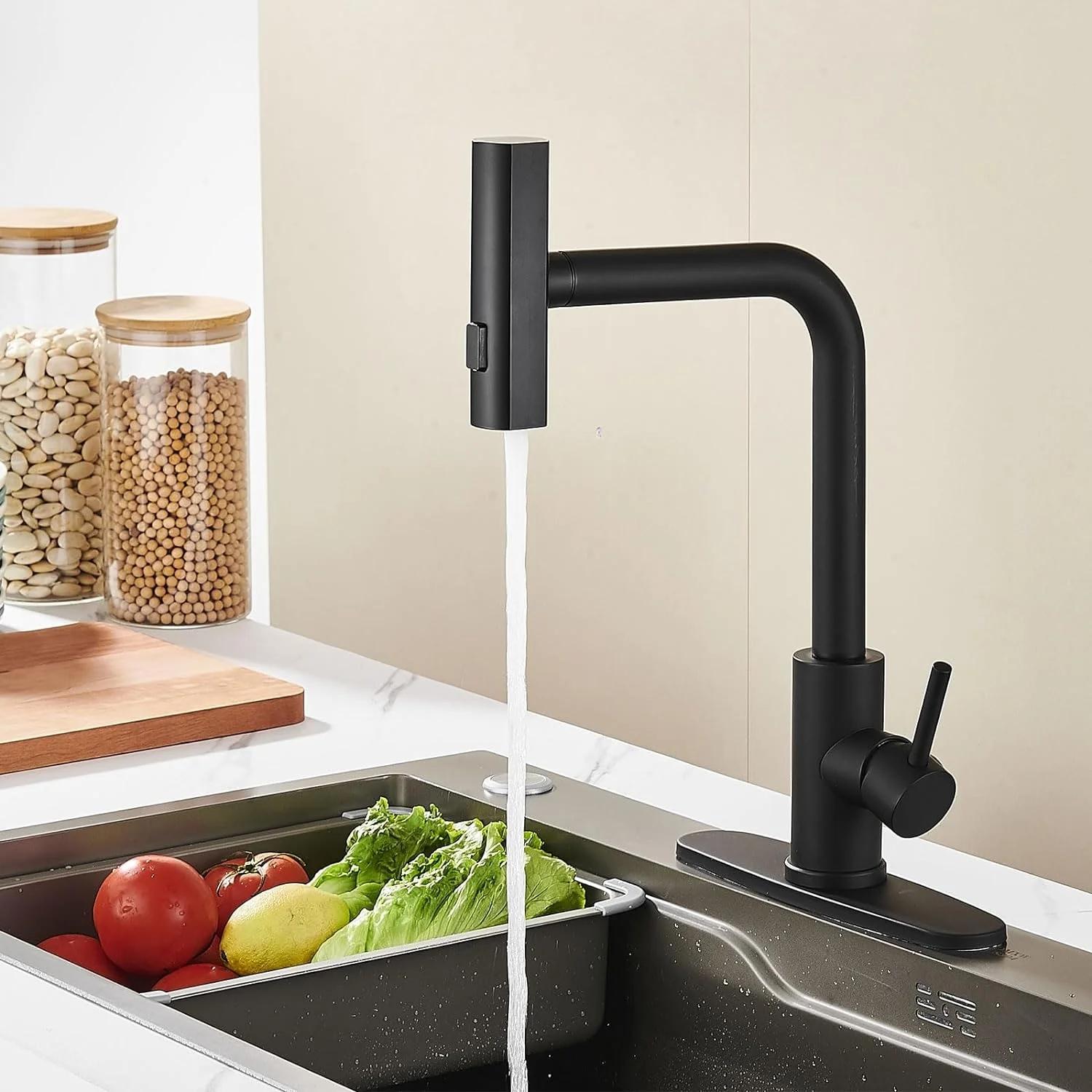Kitchen Faucets with Pull Down Sprayer Matte Black, 3 Mode Kitchen Sink Faucet with Deck Plate for Farmhouse RV Vessel Basin