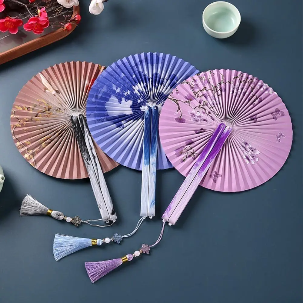 Chinese Style Retro Circular Folding Paper Fan, Classic Nostalgic Childhood Portable Handheld Fan, 360° Round Lightweight Cooling Fan for Summer Daily Outdoor Use