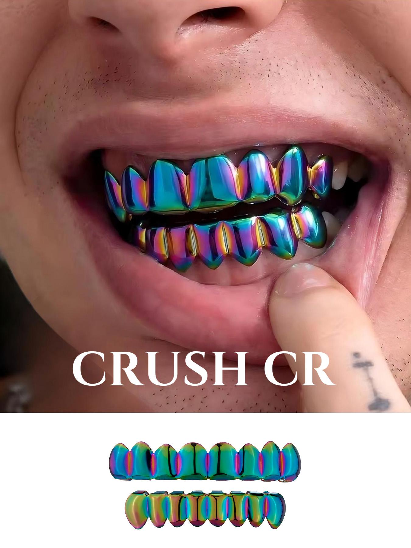 CRUSH CR Retro Cyberpunk Futuristic Iridescent Grillz Set for Men Women, High-Gloss Polished Finish, Hypoallergenic Removable, Ideal for Retro Tech-Themed Parties, 90s/00s Throwback Events, Cyber Goth Gatherings Urban Culture Festivals