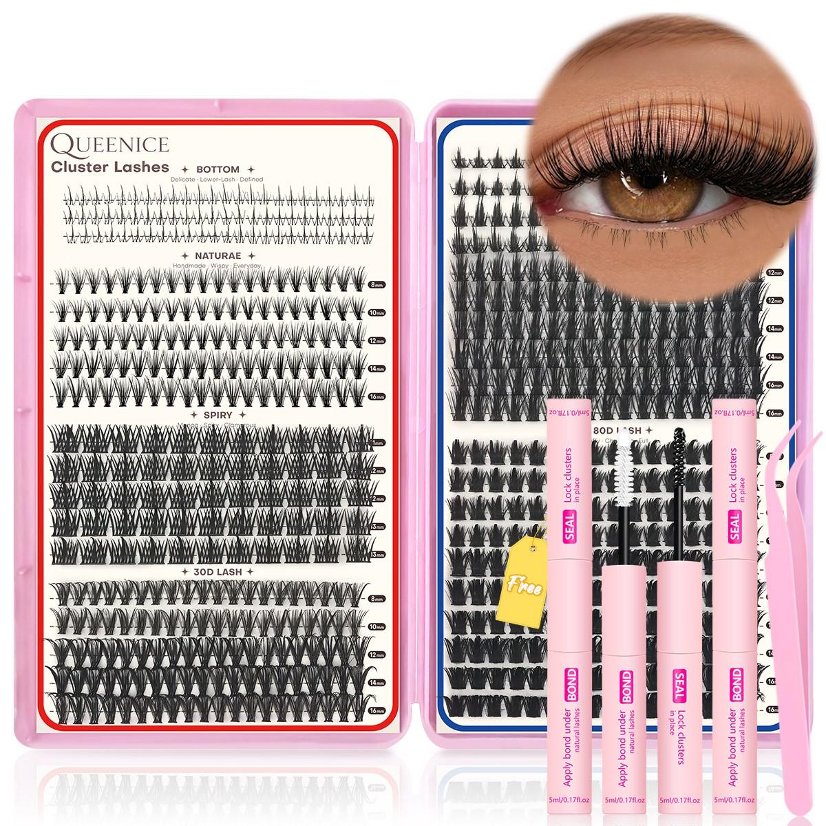 6 Styles Mixed DIY False Eyelash Extension Kit, Bottom Natural, Thick Spikes Lash Clusters with Bond and Seal, Tweezers Mixed Lengths Individual Cluster Lashes for Daily Use, Cat Eye Lashes, Reusable & Beginner Friendly, Beginner Friendly Eyelashes