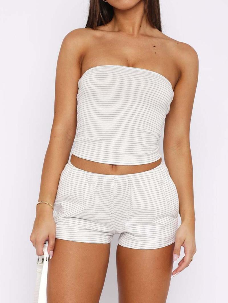 Sexy Backless Crop Top High Waisted Slimming Shorts Set for Women, Striped Casual, Comfortable for Daily Wear and Sports, Athleisure Wear Set