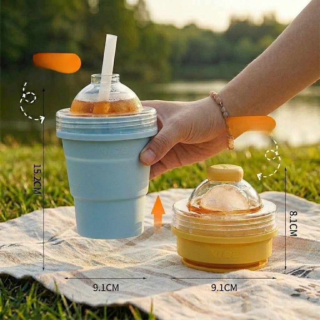 Food-grade silicone folding ice ball cup - dual-purpose ice water drinking cup. Two-in-one functional summer portable water cup with a straw.