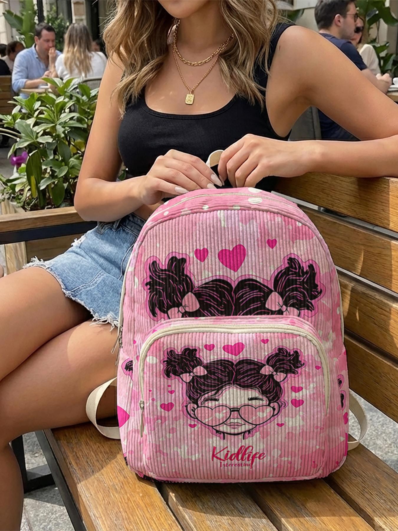 1 piece of character portrait 'Fun Kidlife' 2D printed lady's backpack, corduroy texture + layered storage + light weight reduction | perfect for students to go to class/shopping/short trips | combination of atmosphere and practicality