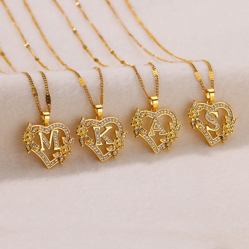 New Fashion Letter Detail Heart Shaped Pendant Necklace, Love Necklace for Women for Summer, Rhinestone & Flower Decor Stainless Steel Matching Necklace Jewelry, Girl's Temperament Cloths Accessory for Daily Wear