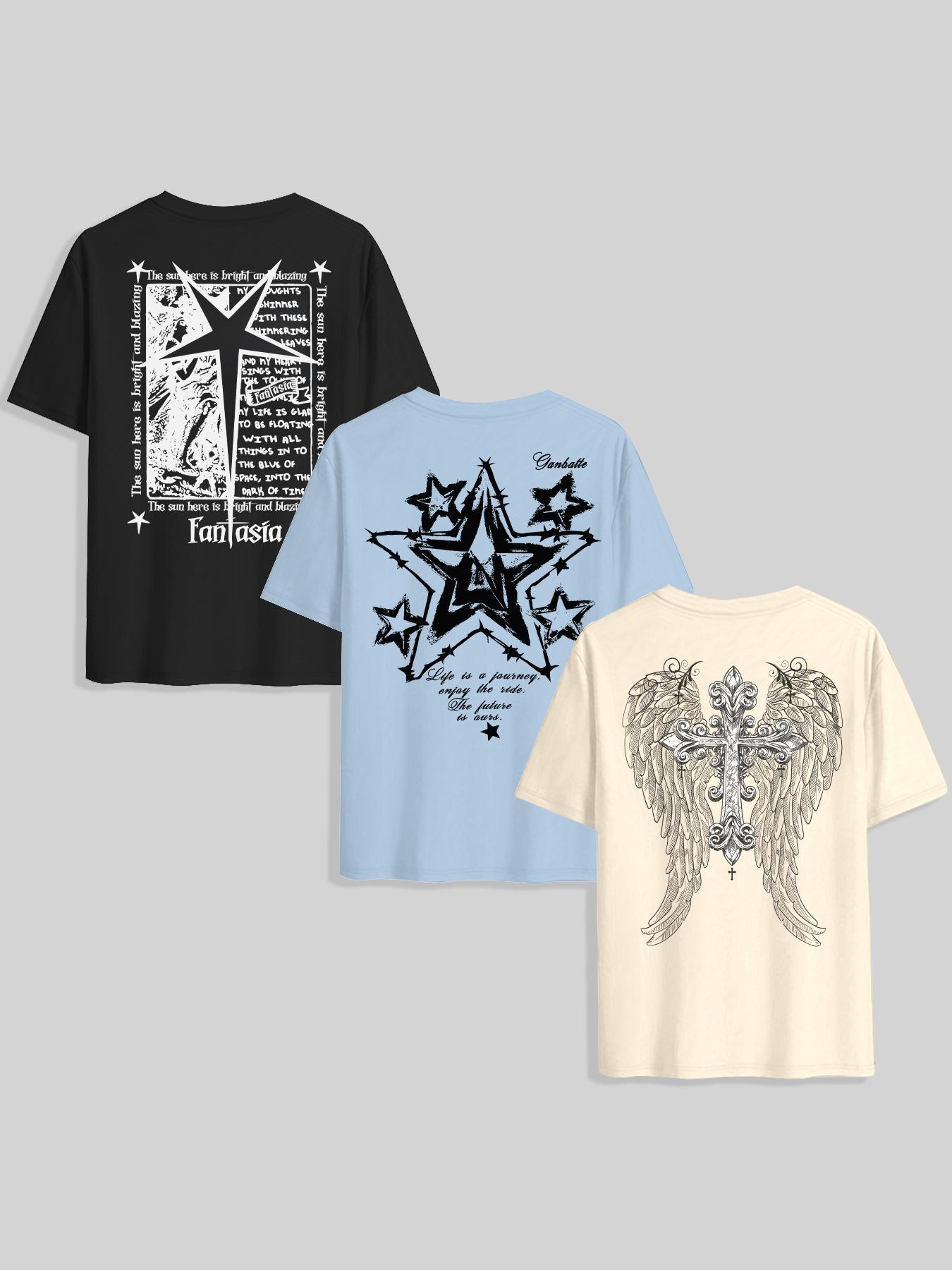 Men's Star & Letter & Wings Print Round Neck Knitted Tee, Regular Fit Casual Short Sleeve T-shirt, Men's Summer Top for Daily Wear