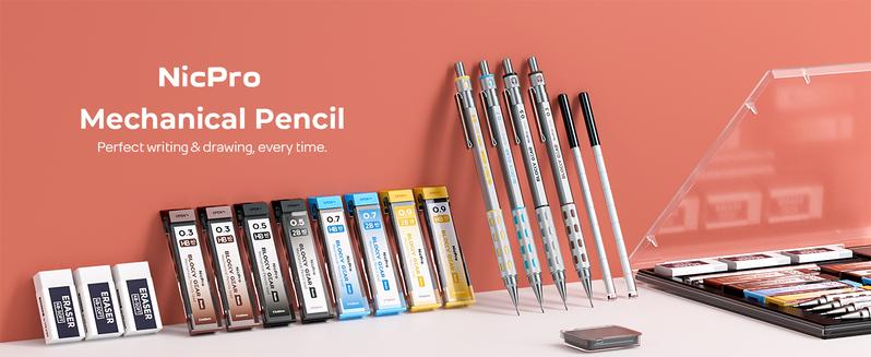 Nicpro 4 Pack Blocky Gear 0.3, 0.5, 0.7, 0.9 mm Metal Mechanical Pencils Set with Case, Lead Drafting Pencil with 8 Tube Lead Refills(HB 2B), Erasers, Eraser Refills for Art Writing Sketching Drawing