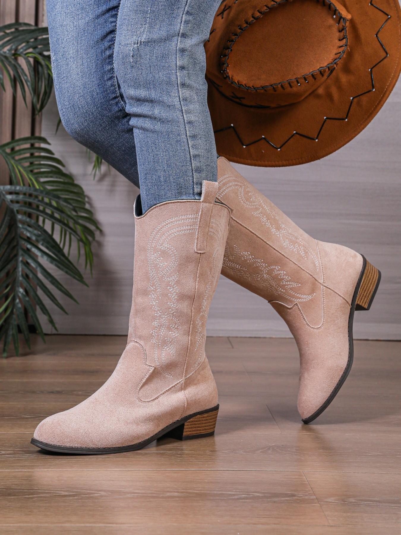 American Vintage Style Classic Western Embroidered Mid-Calf Boots, PU Leather, Rubber Sole, Fashion Winter Shoes, Slimming Effect