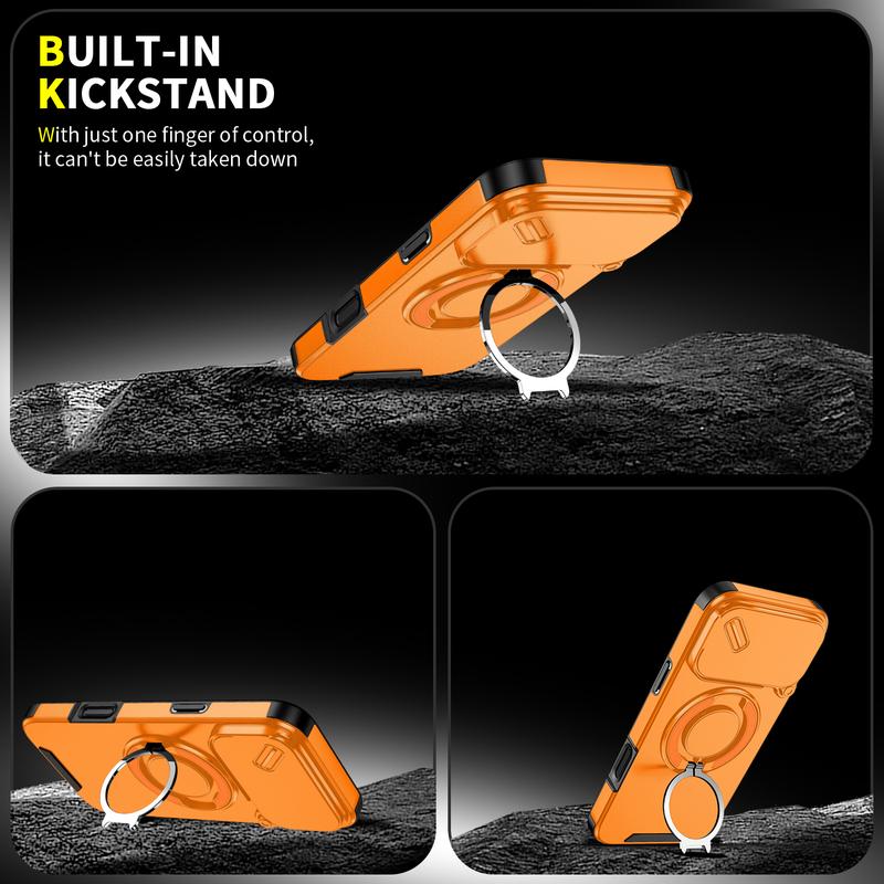 For iPhone 17 16 Pro Max 15 14 13 12 11 Hard Plastic Shell Phone Case, Compatible with MagSafe Accessories, with Phone Ring Grip Holder Kickstand/Slide Camera Cover, Sturdy Shockproof Cover 360 Rotating Stand