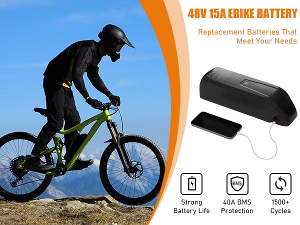 48V 15.6AH Ebike Battery, 4pin Suitable for 1500W motors with 2A Fast Charger and 40A BMS, USB Interface, Battery Indicator, Power Switch, Adult Electric Bike