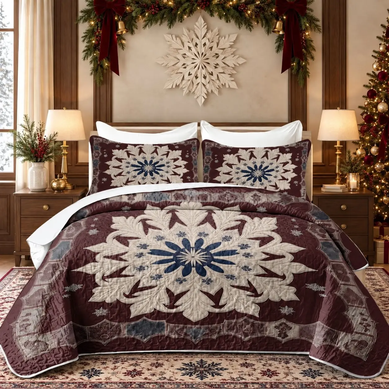 3-Piece Vintage Floral Pattern Bedspread Set (1 Bedspread + 2 Pillow Shams; inserts not included) – Quilted Bedding for Christmas; suitable for Single, Double, Queen, and King size beds.