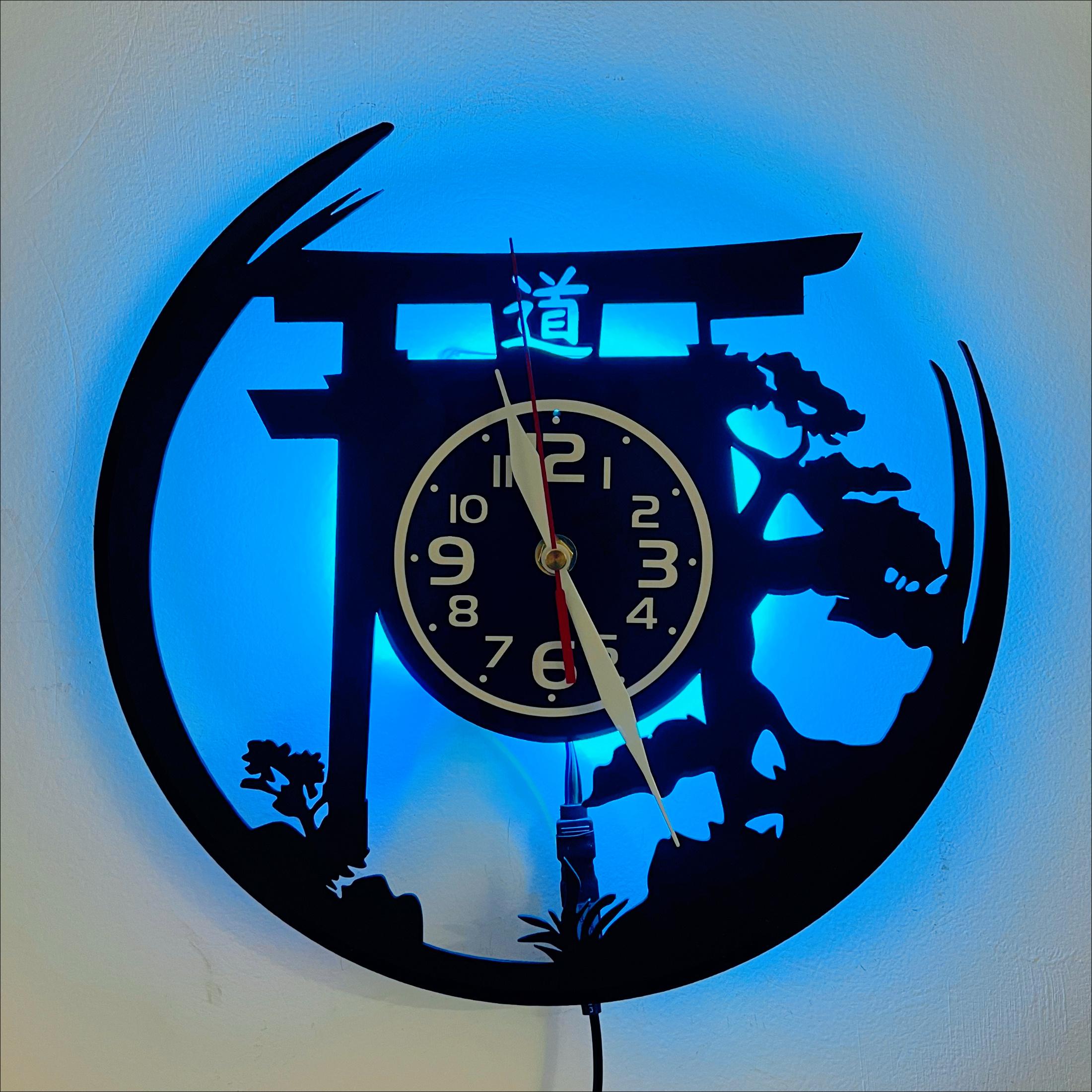 Art Deco Japanese Bonsai Tree Torii Gate Vinyl Record Wall Clock 7 Color LED Lights Indoor Outdoor Elegant Decor (Battery Not Included)