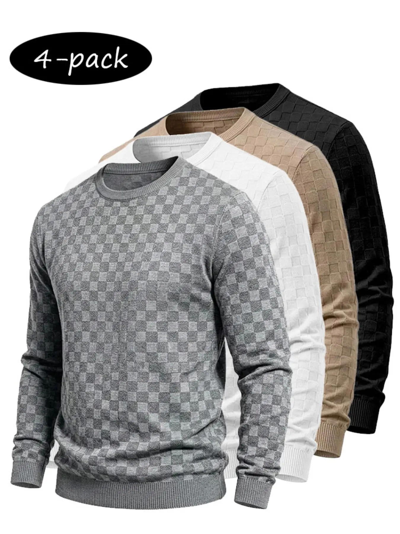 4-Pack Men's Plaid Knit Pullover, Textured Grid Pattern Long Sleeve, Soft Lightweight Casual Top, Minimalist Solid Color, Fall Winter Streetwear