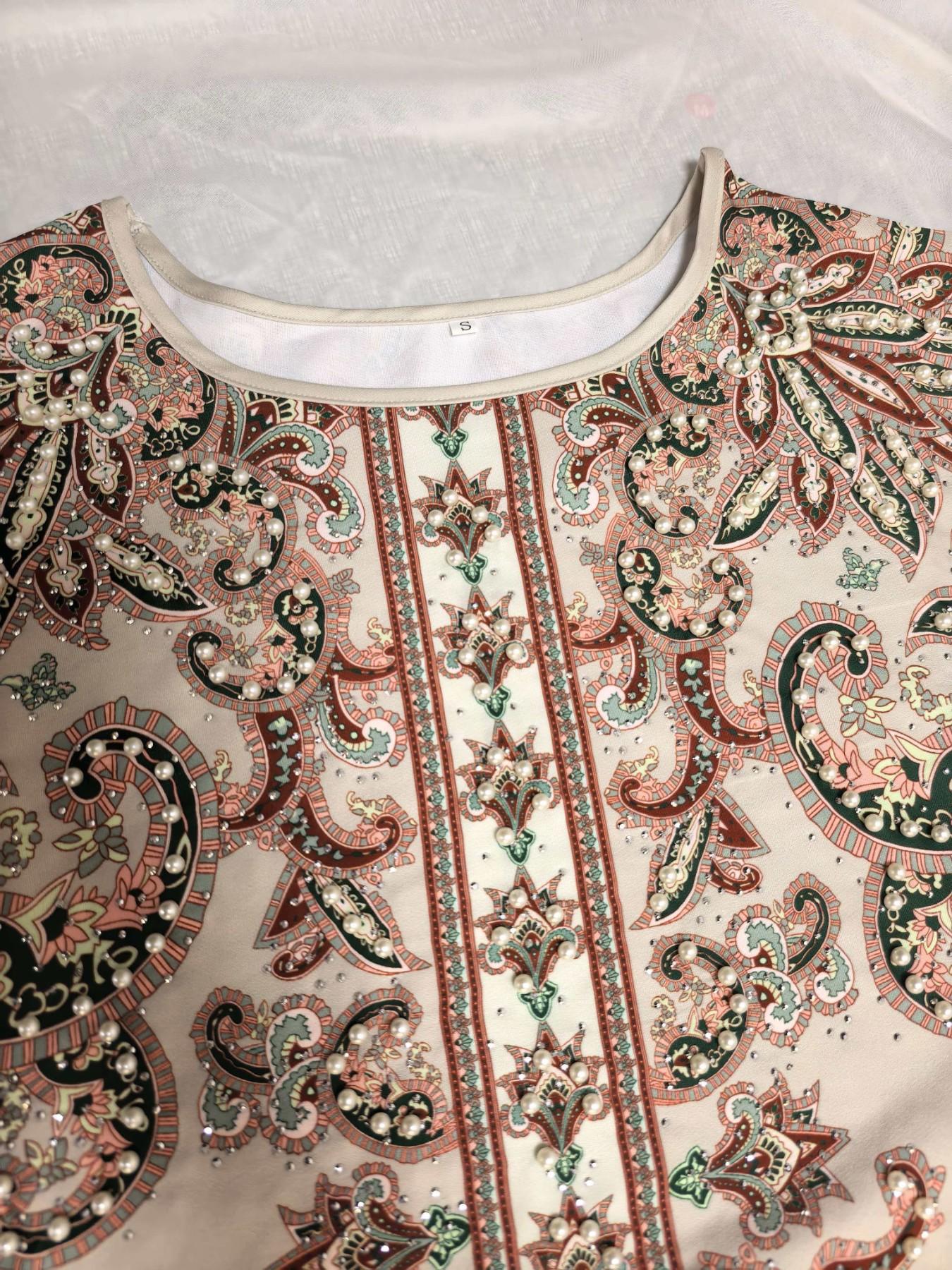 Elegant Muslim Women's Kaftan Dress, Round Neck High Density Rhinestone Beaded Print, Cross-Border Long Robe, Stylish Evening Wear