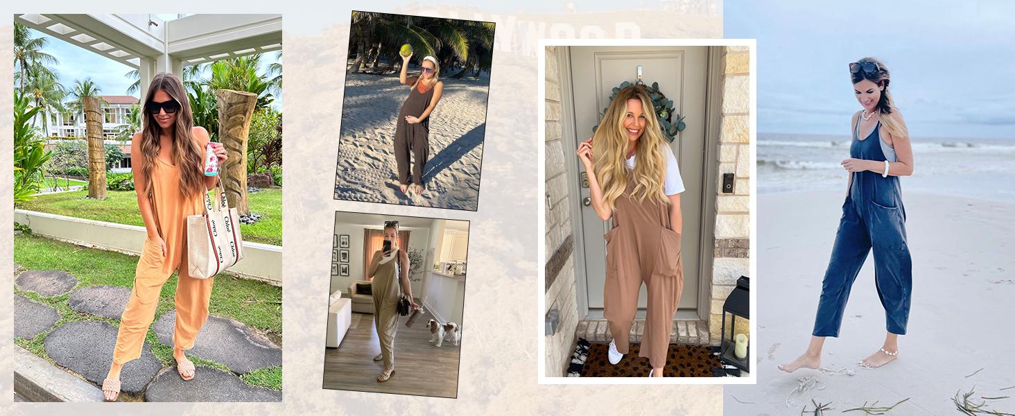 Molitree Women's Causal Jumpsuits V Neck Sleeveless Harem Overalls Stretchy Adjustable Strap Romper with Pockets