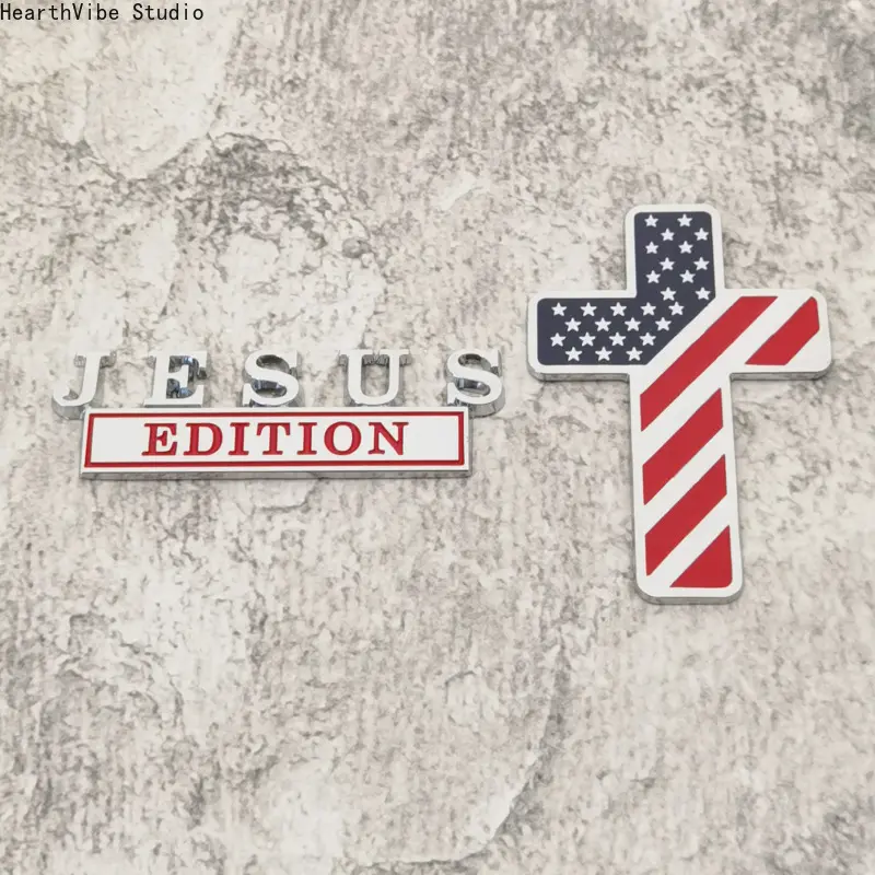 3D Metal Jesus Edition Car Emblem Badge American Flag Cross Christian Auto Decal Sticker Heavy Duty Weatherproof Truck Fender Trunk Decor Set for Men