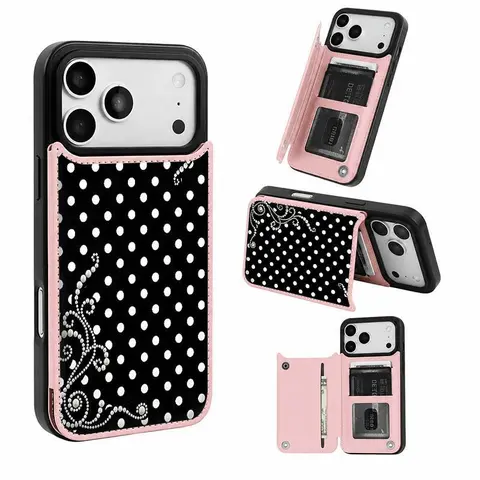 Pearl Polka Dot Leather Card Holder Wallet Cover with Card Slot - TPE Shell Phone Accessories for iPhone 18,17 Pro Max/Air,16,15,14,13,12,11 Sizes - Protective Holiday Gift