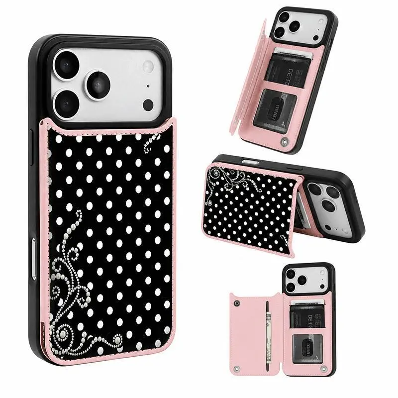 Pearl Polka Dot Leather Card Holder Wallet Cover with Card Slot - TPE Shell Phone Accessories for iPhone 18,17 Pro Max/Air,16,15,14,13,12,11 Sizes - Protective Holiday Gift