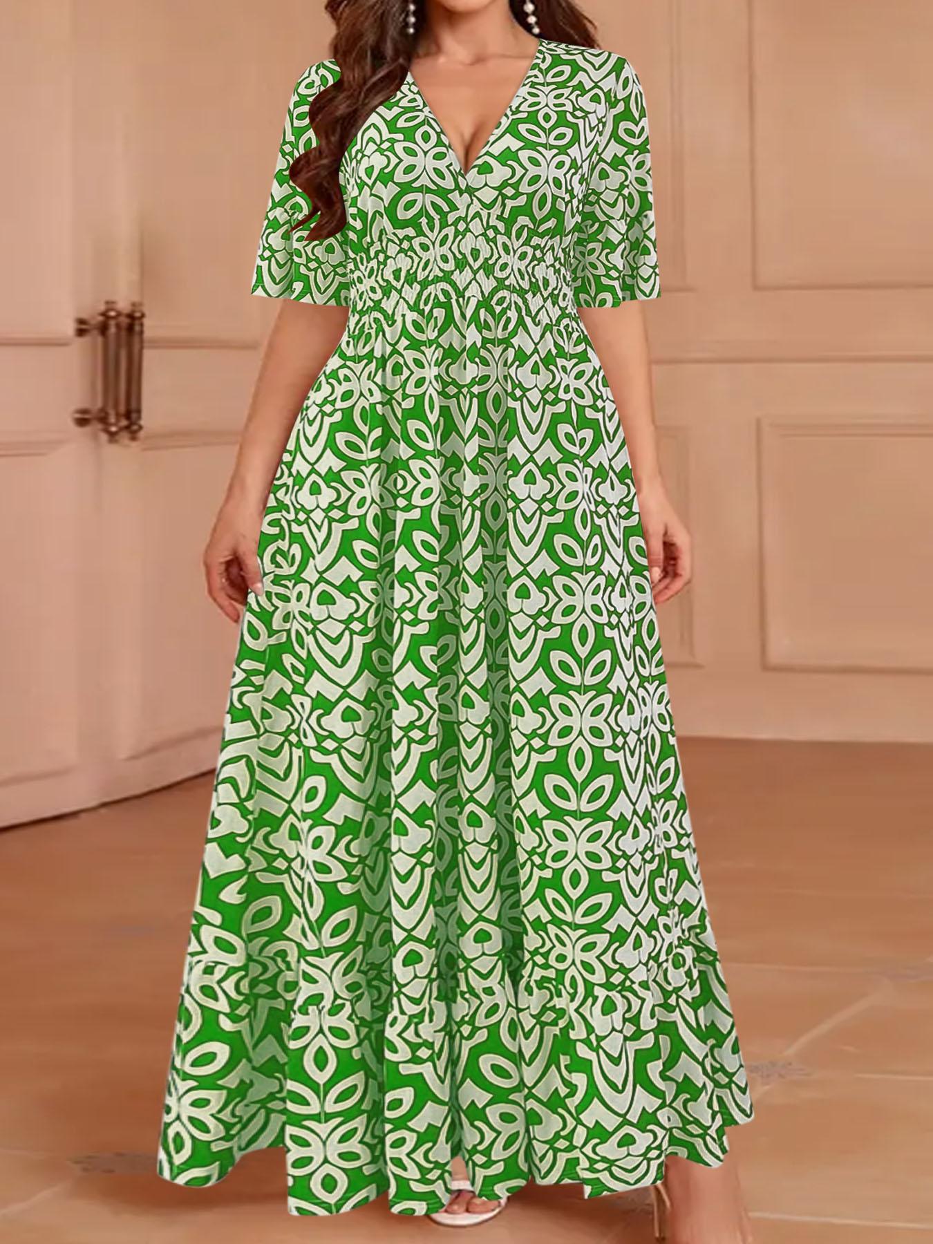 Plus Size Vintage Totem Print Dress, Half Sleeve Design, Curvy Slimming Vacation Dress